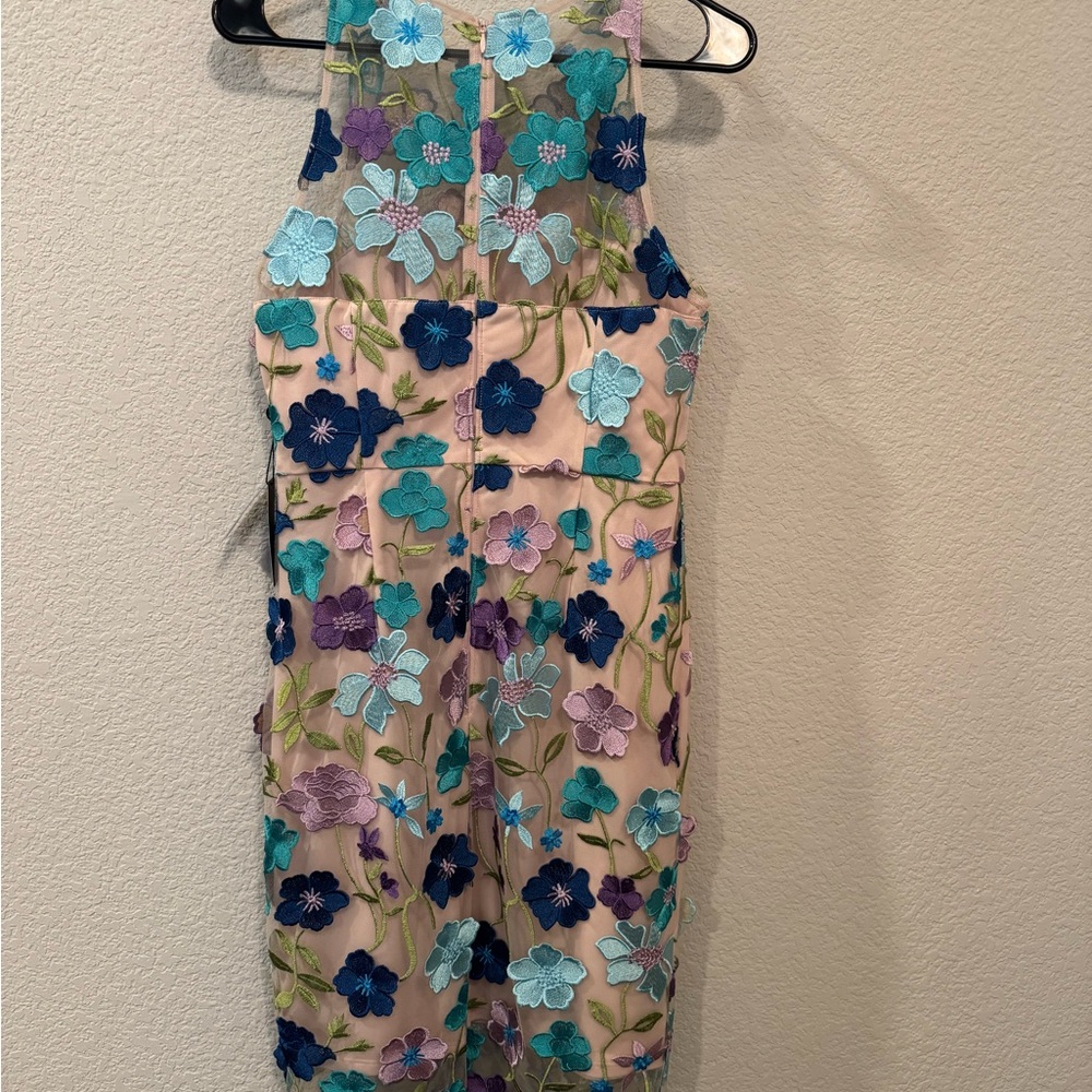 Adrianna Papell Nude Dress with Blue & Purple Floral Embroidery - Picture 3 of 5